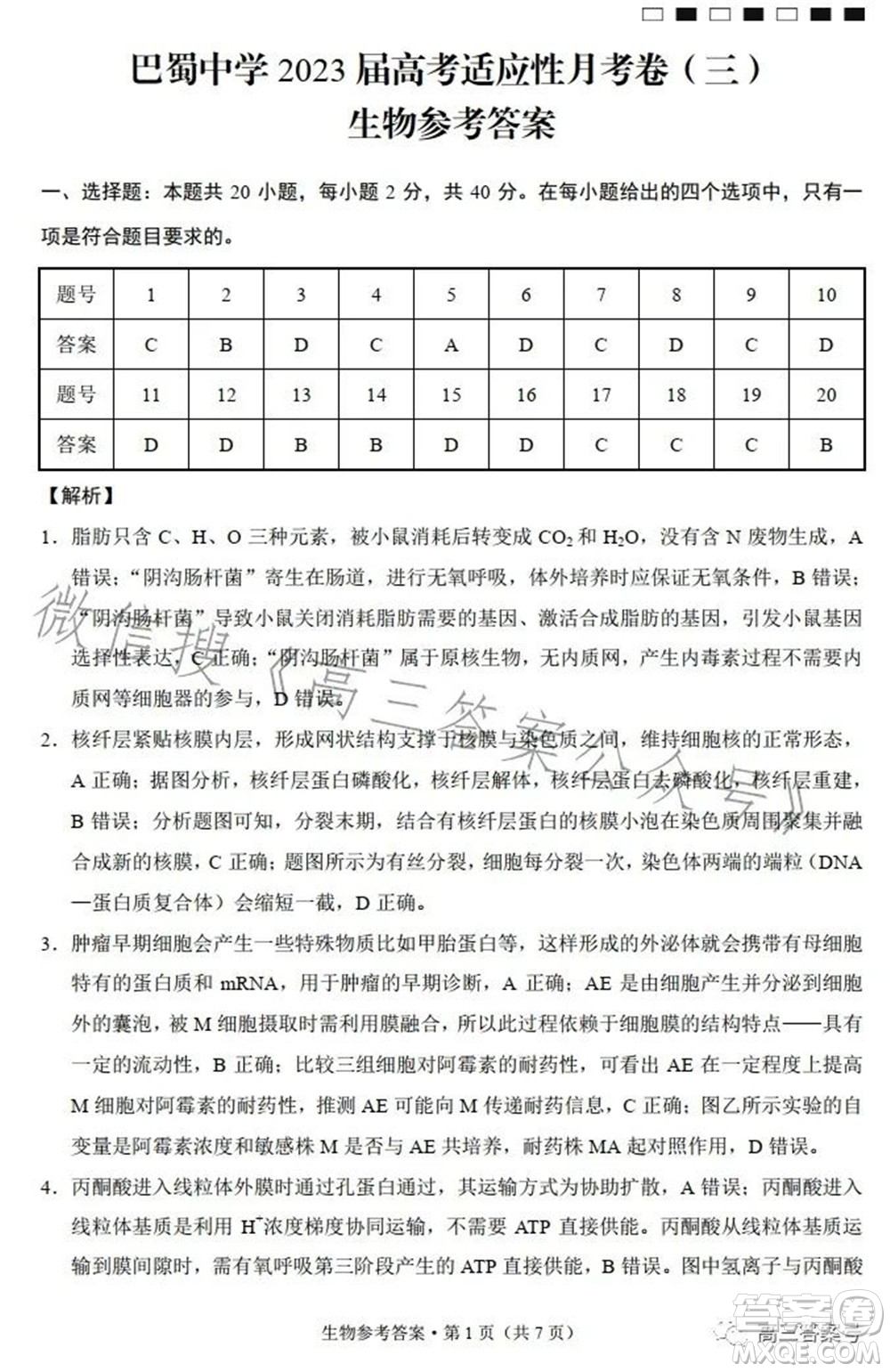 巴蜀中學(xué)2023屆高考適應(yīng)性月考卷三生物試題及答案