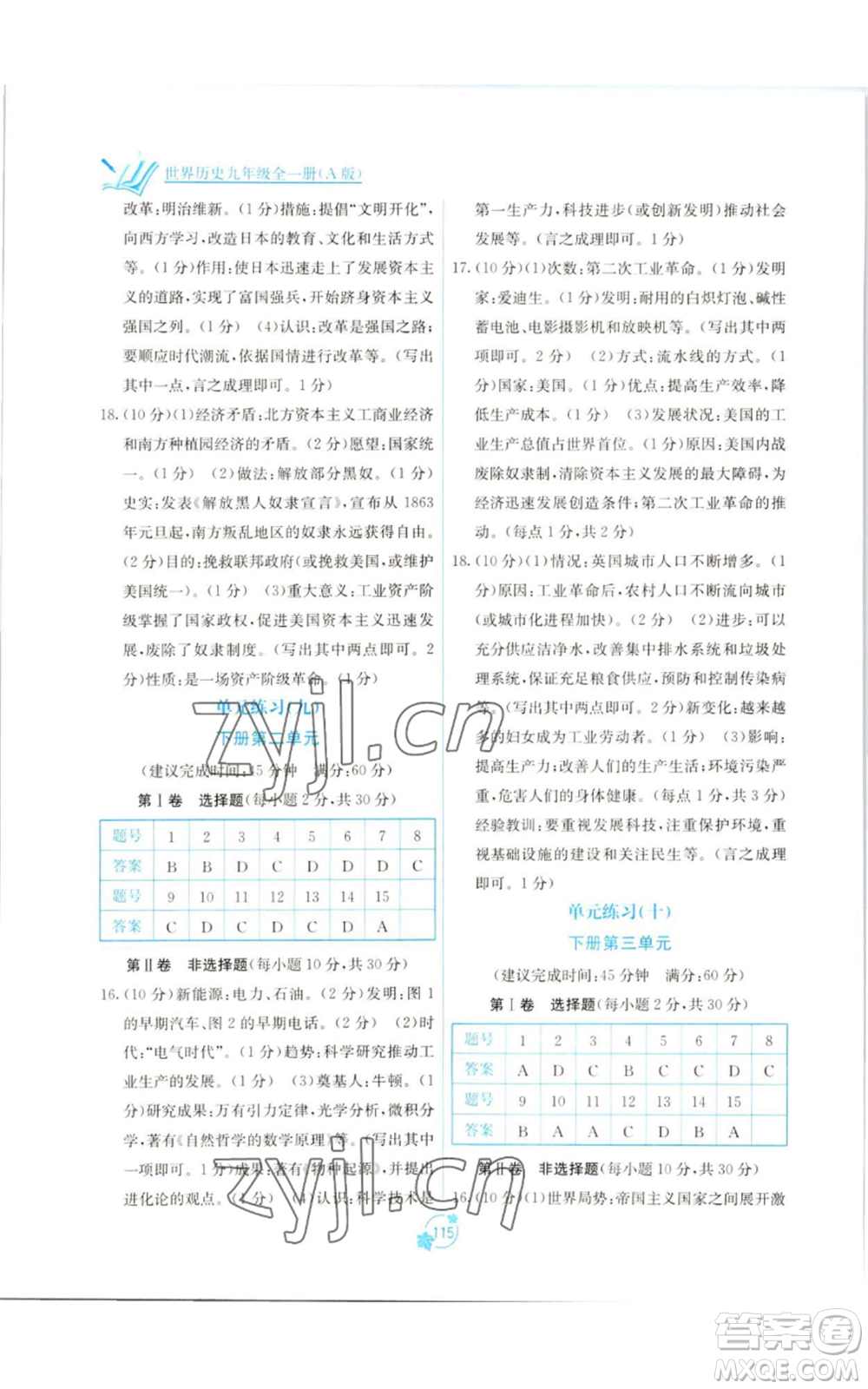 廣西教育出版社2022秋季自主學(xué)習(xí)能力測(cè)評(píng)單元測(cè)試九年級(jí)世界歷史人教版A版參考答案