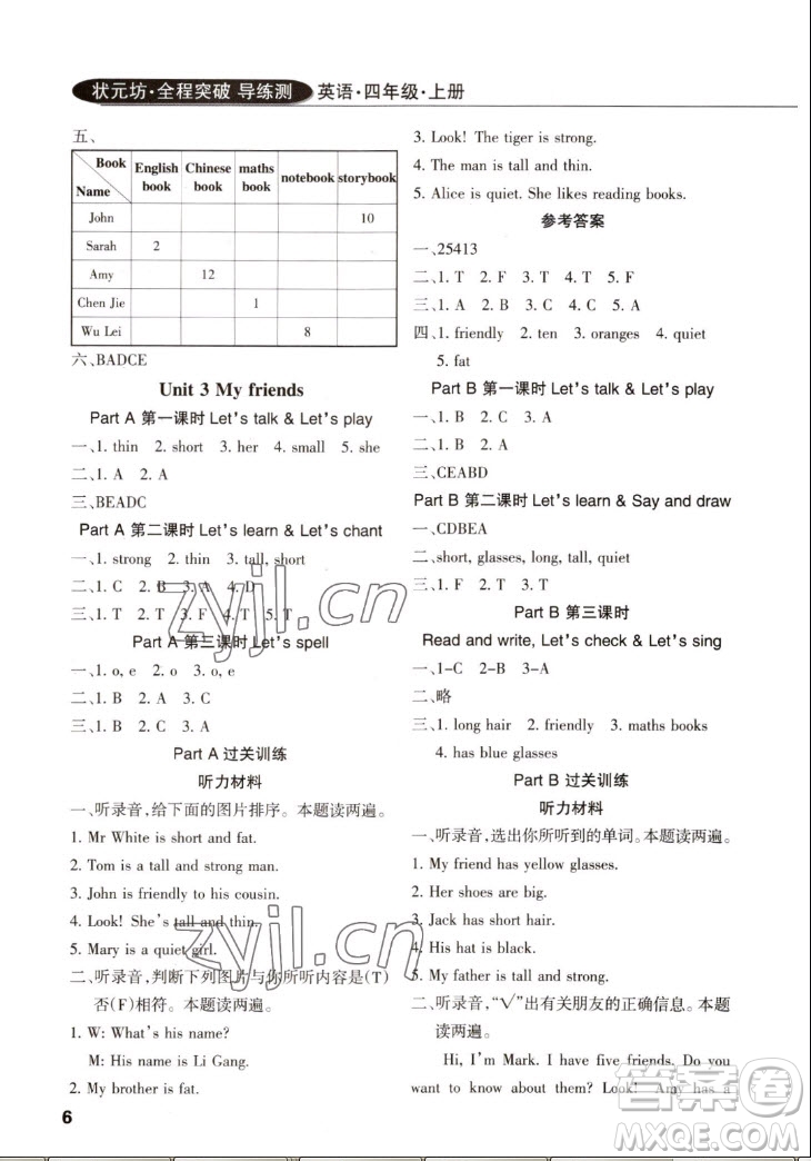 西安出版社2022秋狀元坊全程突破導(dǎo)練測(cè)英語(yǔ)四年級(jí)上人教版佛山專版答案