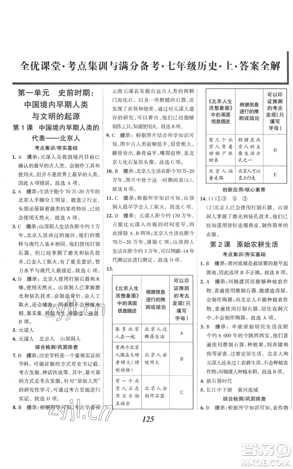 云南科技出版社2022全優(yōu)課堂考點集訓(xùn)與滿分備考七年級上冊歷史人教版參考答案