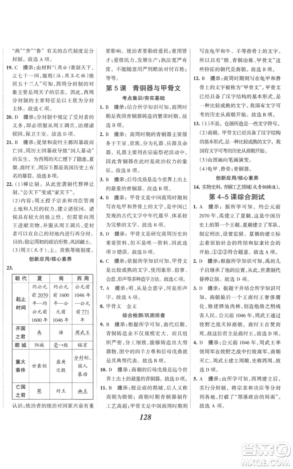 云南科技出版社2022全優(yōu)課堂考點集訓(xùn)與滿分備考七年級上冊歷史人教版參考答案