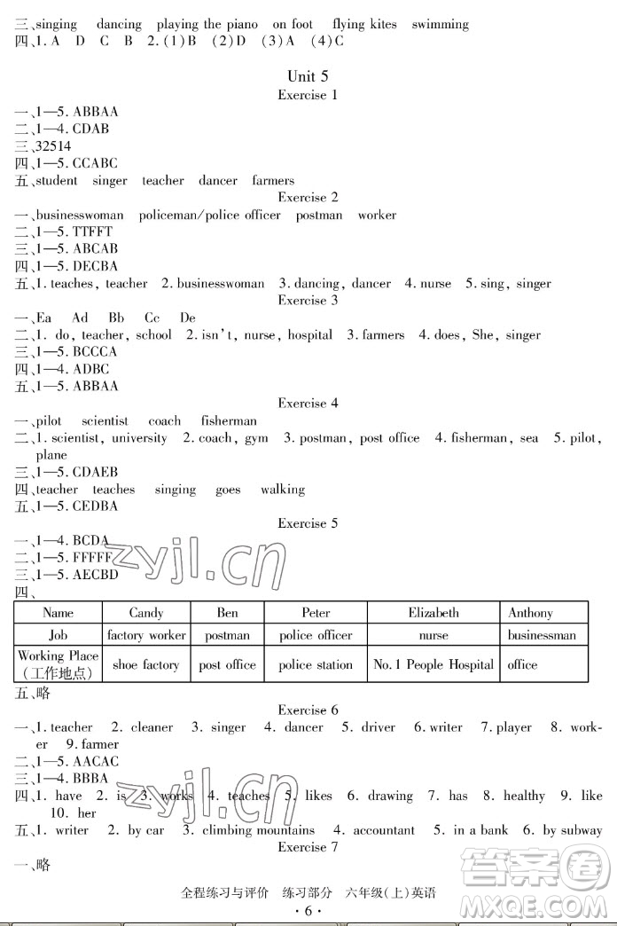 浙江人民出版社2022秋全程練習(xí)與評價六年級上冊英語人教版答案
