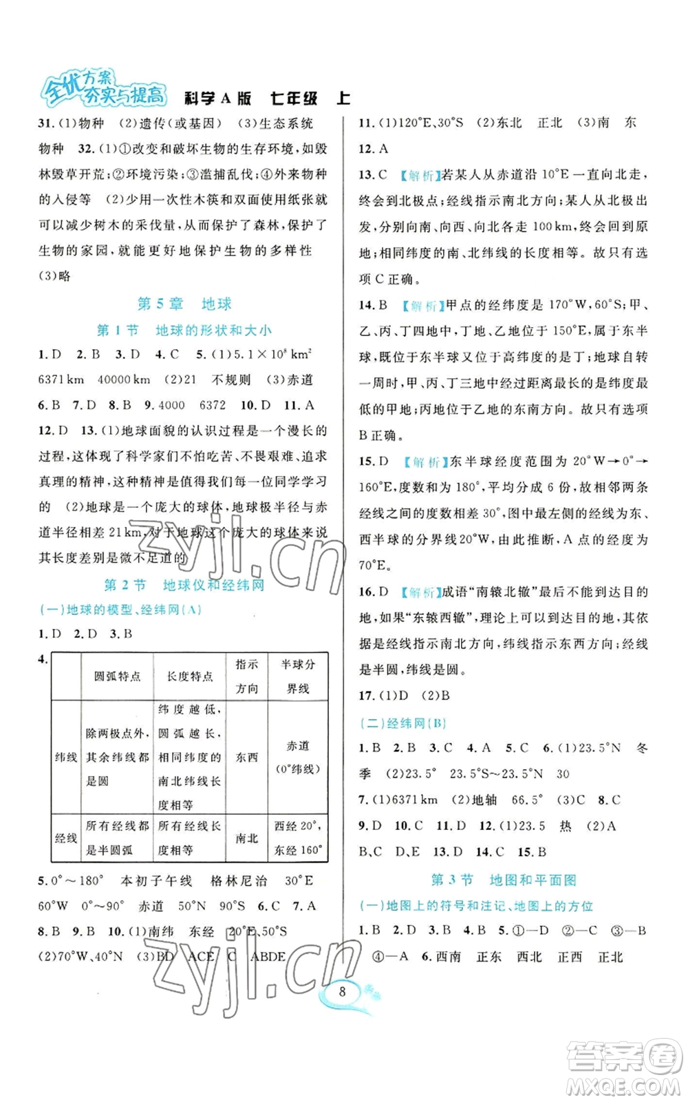 華東師范大學(xué)出版社2022全優(yōu)方案夯實(shí)與提高七年級(jí)上冊科學(xué)華東師大版A版參考答案