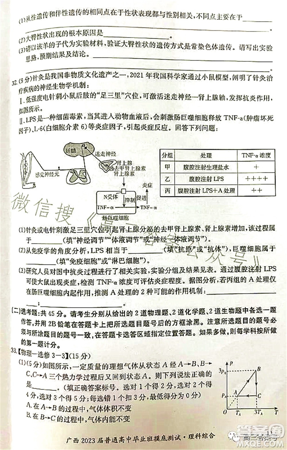 廣西2023屆普通高中畢業(yè)班摸底測試理科綜合試題及答案