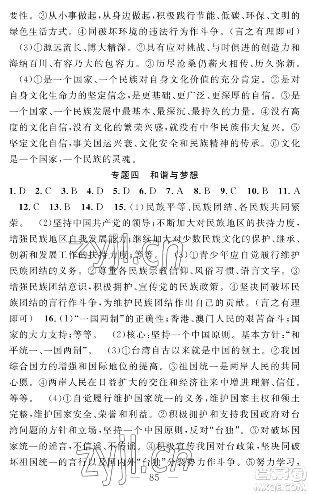 長江少年兒童出版社2022智慧課堂創(chuàng)新作業(yè)九年級上冊道德與法治人教版參考答案