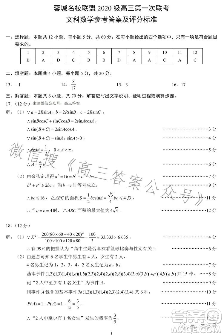 蓉城名校聯(lián)盟2020級(jí)高三第一次聯(lián)考文科數(shù)學(xué)試題及答案