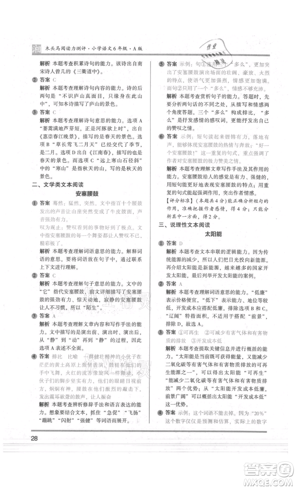 江蘇鳳凰文藝出版社2022木頭馬閱讀力測(cè)評(píng)六年級(jí)語(yǔ)文人教版A版湖南專版參考答案