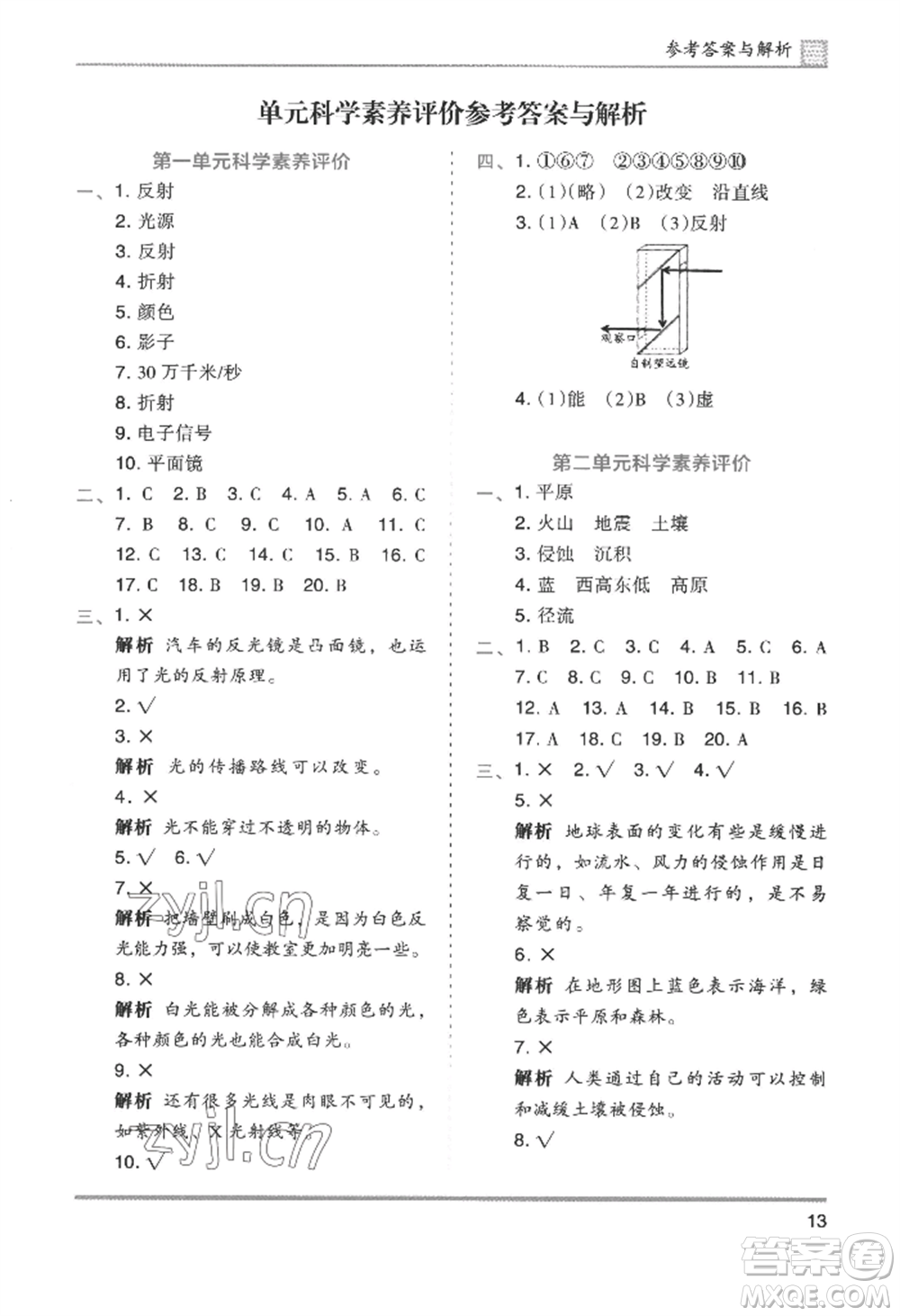 湖南師范大學出版社2022木頭馬分層課課練五年級上冊科學教科版參考答案