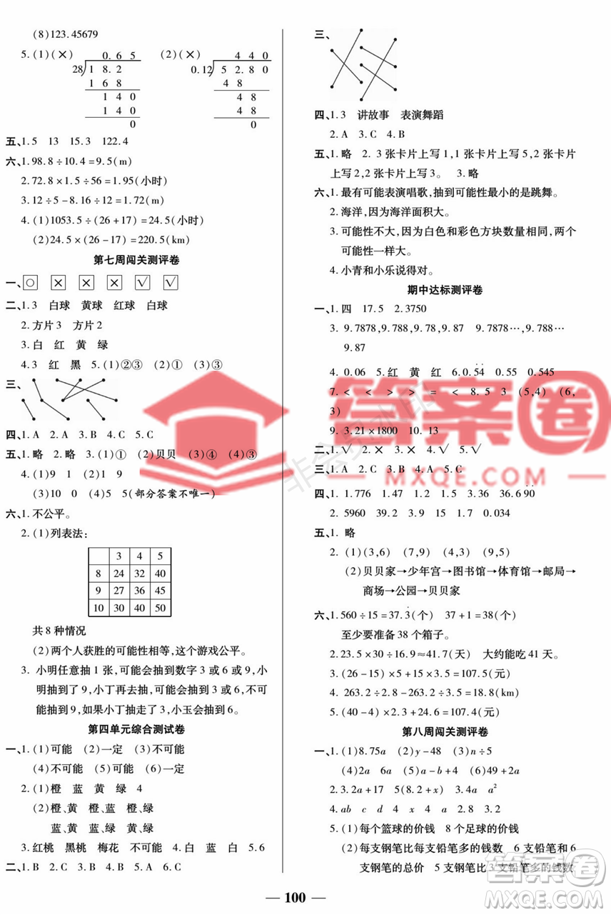 天津科學(xué)技術(shù)出版社2022狀元大考卷數(shù)學(xué)五年級(jí)上冊(cè)人教版答案