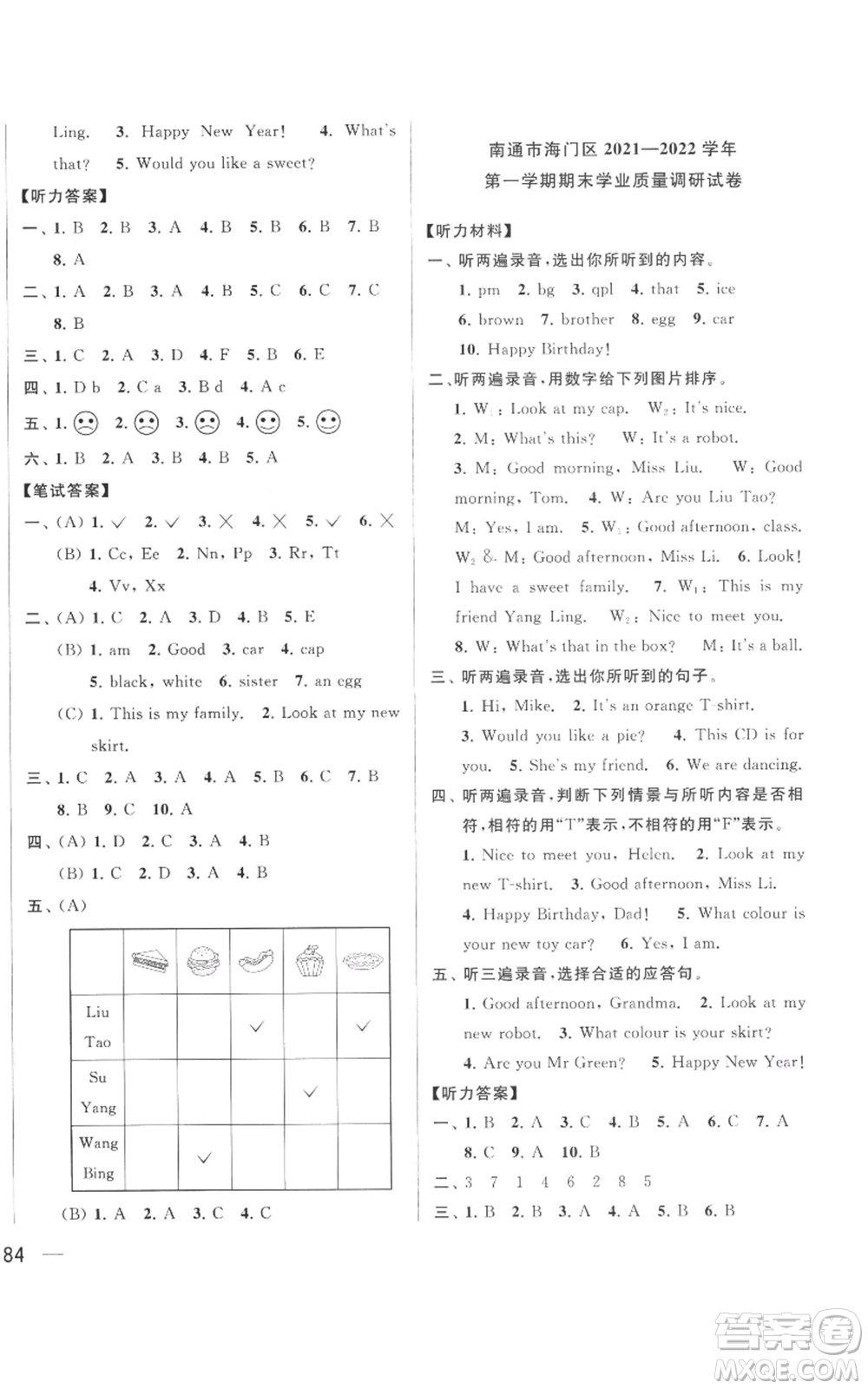 北京教育出版社2022同步跟蹤全程檢測三年級上冊英語譯林版參考答案