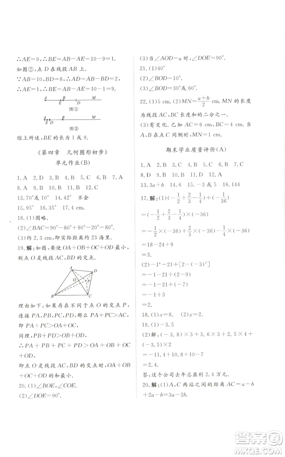 山東友誼出版社2022伴你學精練課堂分層作業(yè)七年級上冊數(shù)學人教版參考答案