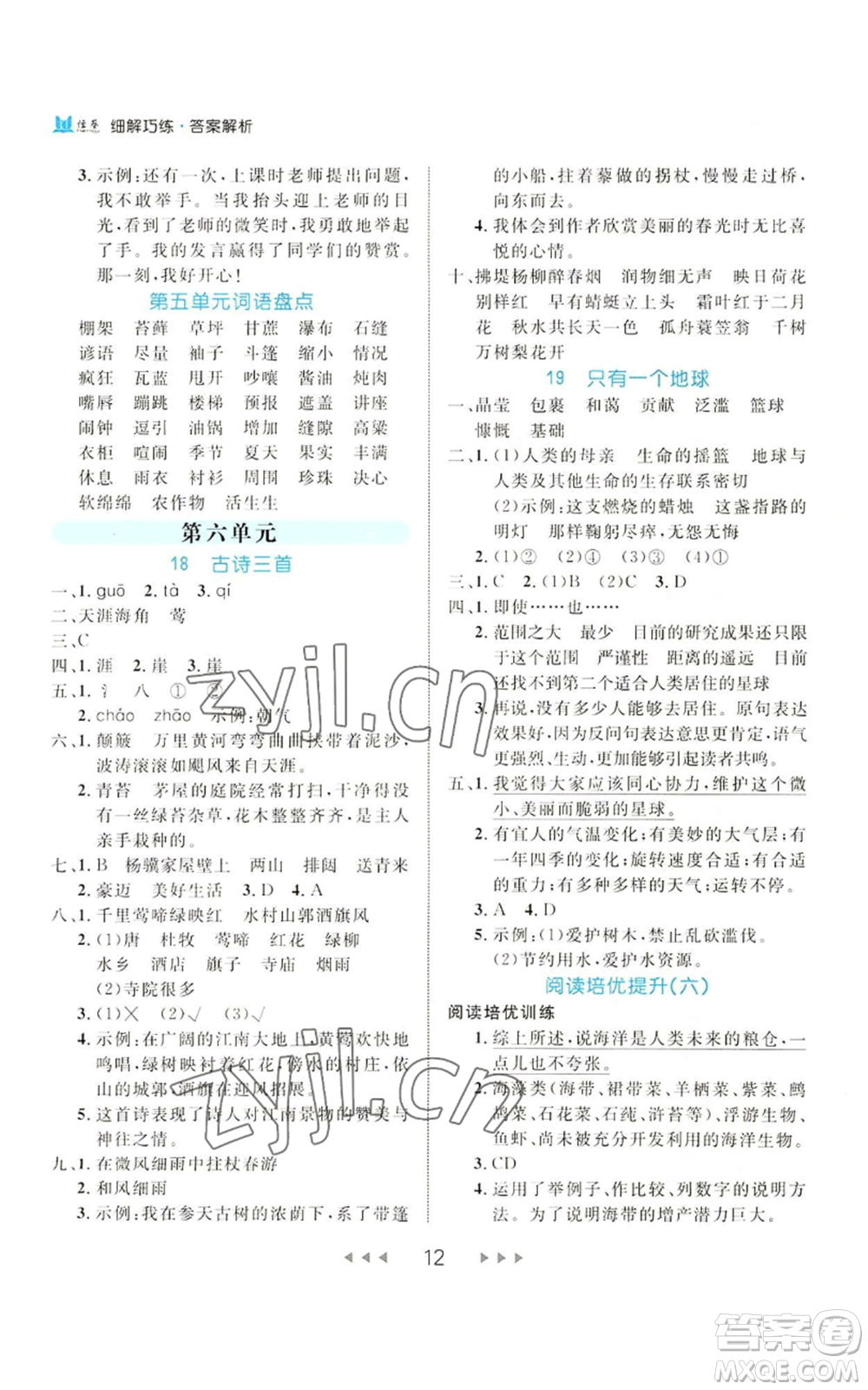 延邊大學出版社2022細解巧練六年級上冊語文部編版參考答案