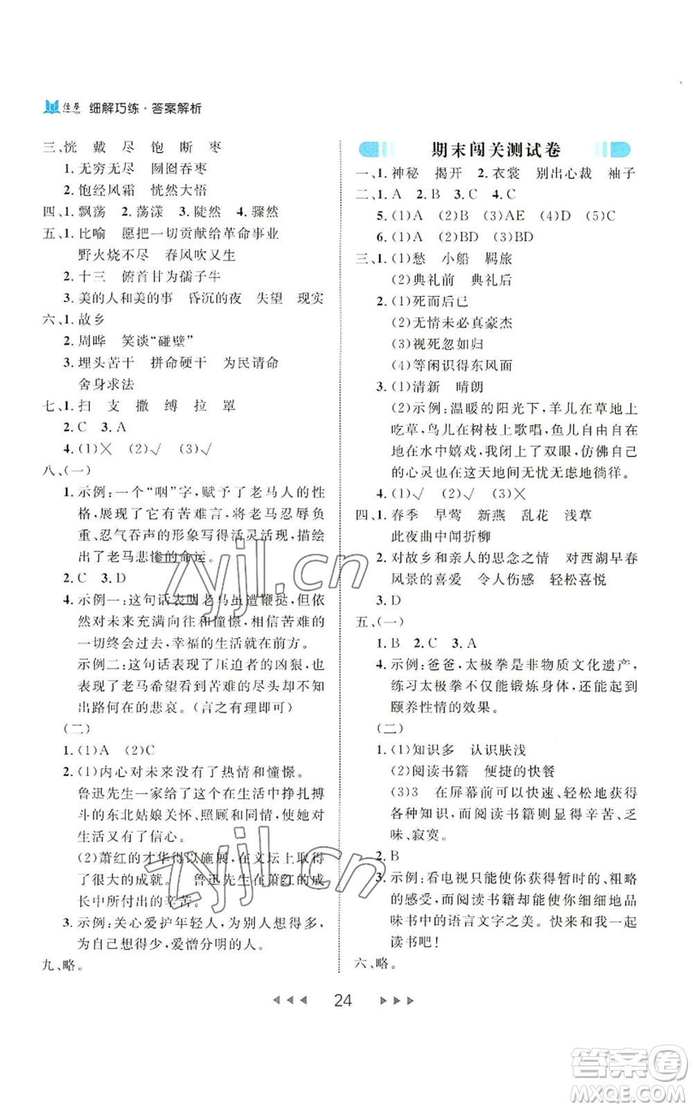 延邊大學出版社2022細解巧練六年級上冊語文部編版參考答案