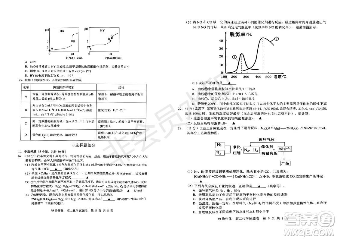 浙江省A9協(xié)作體2022學(xué)年第一學(xué)期期中聯(lián)考高二化學(xué)試題答案