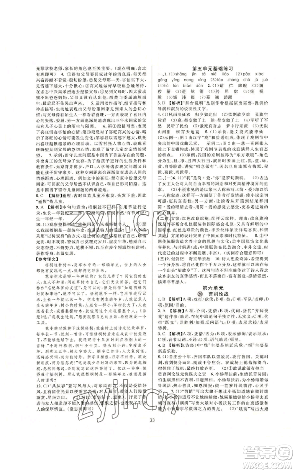 浙江教育出版社2022全優(yōu)新同步九年級語文人教版下分冊參考答案