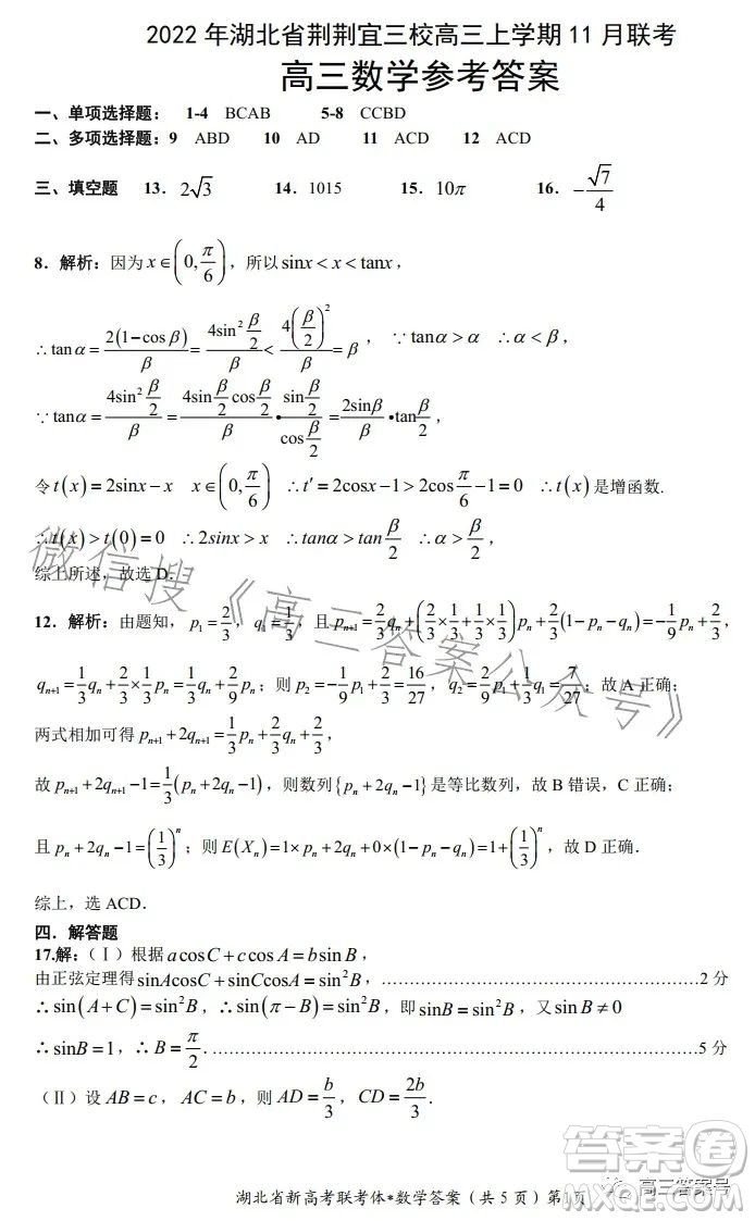 2022年湖北省荊荊宜三校高三上學(xué)期11月聯(lián)考高三數(shù)學(xué)試卷答案