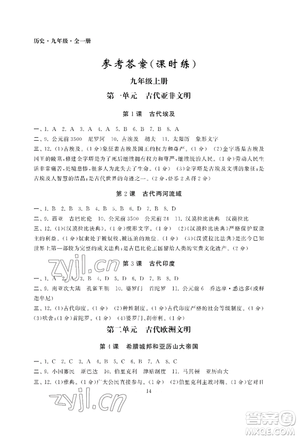 南京大學出版社2022智慧學習初中學科單元試卷九年級歷史人教版參考答案