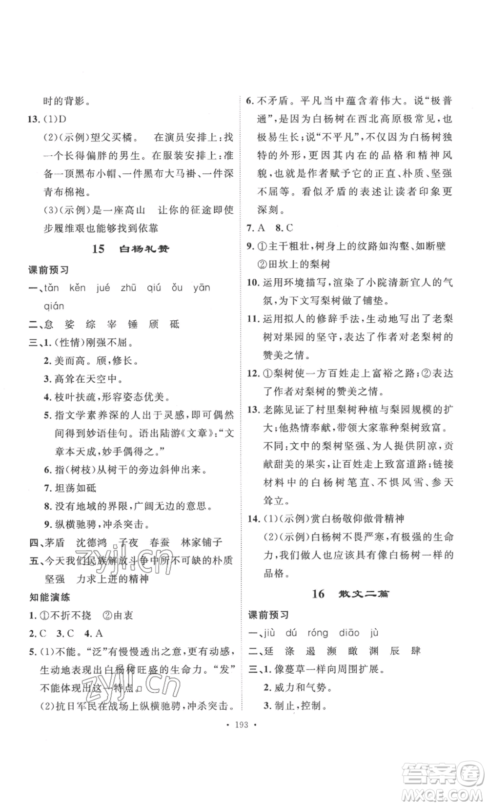 安徽人民出版社2022思路教練同步課時作業(yè)八年級上冊語文人教版參考答案