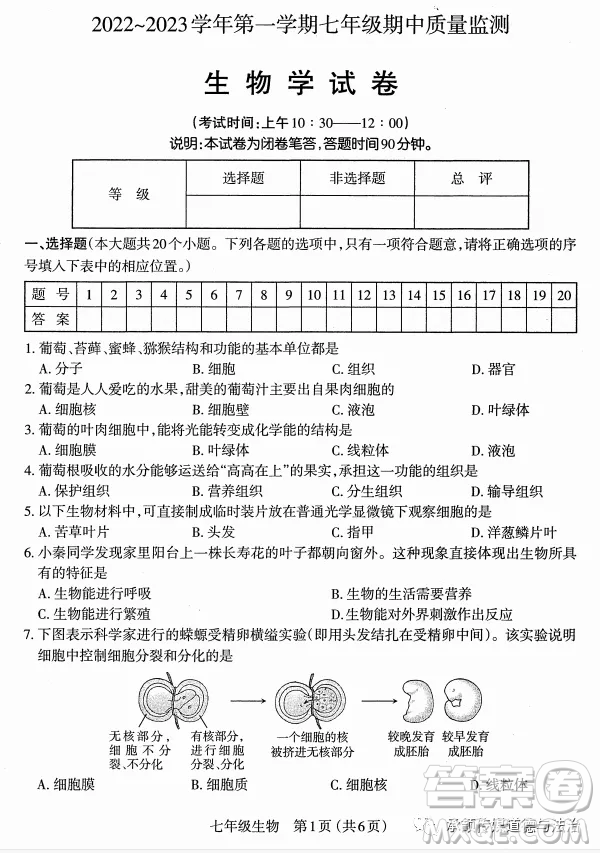 太原市2022-2023學(xué)年第一學(xué)期七年級期中質(zhì)量檢測生物試卷答案