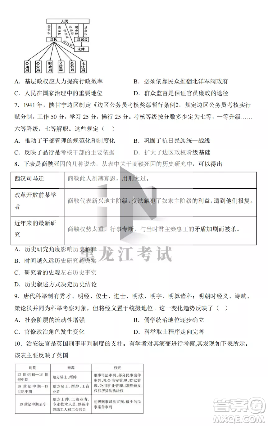 鶴崗一中2022-2023高二上學(xué)期歷史11月期中考試試題答案