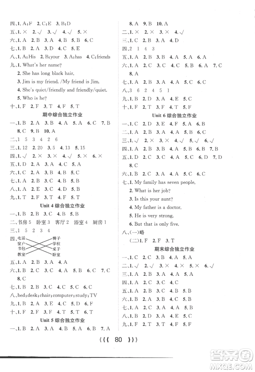 長江少年兒童出版社2022優(yōu)質(zhì)課堂導(dǎo)學(xué)案四年級上冊英語人教版參考答案