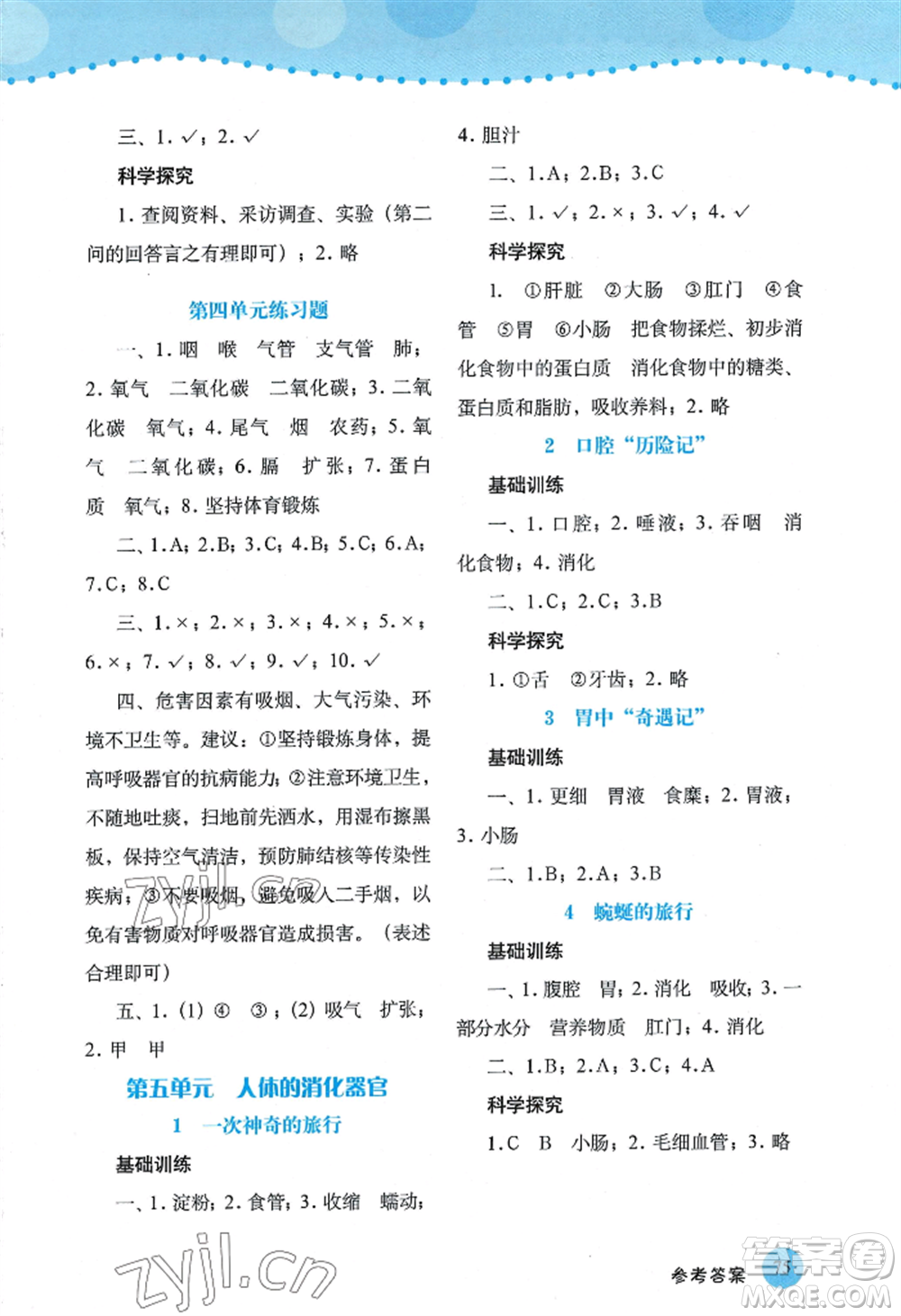 大象出版社2022科學(xué)探究與訓(xùn)練四年級(jí)上冊(cè)通用版參考答案