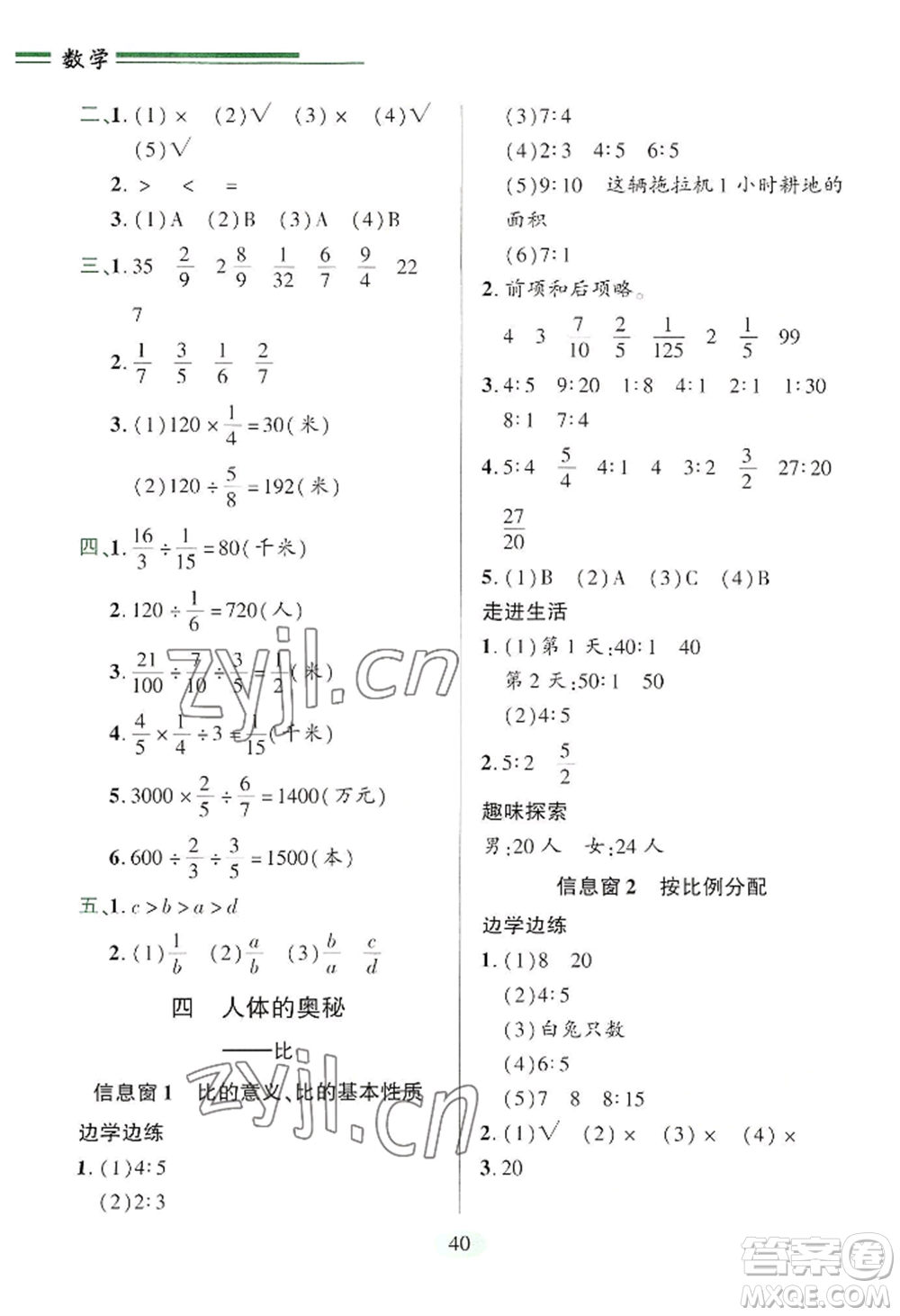 青島出版社2022新課堂學習與探究六年級上冊數(shù)學人教版參考答案