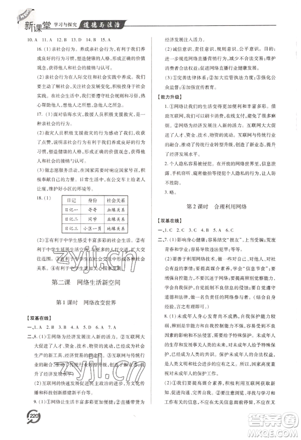 青島出版社2022新課堂學(xué)習(xí)與探究八年級上冊道德與法治人教版參考答案