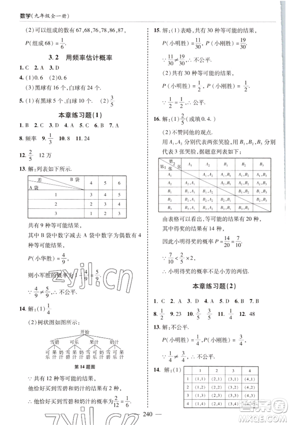 青島出版社2022新課堂學習與探究九年級數(shù)學人教版參考答案