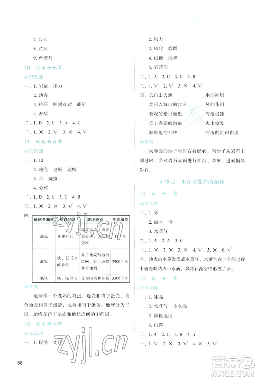 陜西人民教育出版社2022新課程學習與評價五年級上冊科學蘇教版參考答案