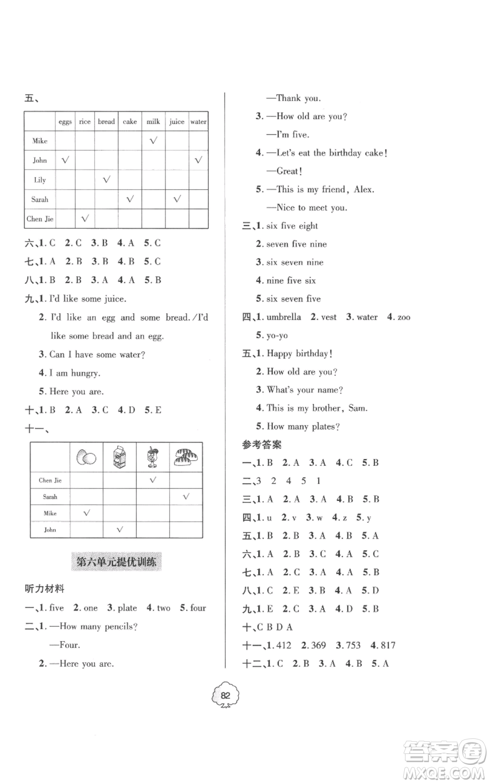 青島出版社2022新課堂同步學(xué)習(xí)與探究提優(yōu)訓(xùn)練三年級上冊英語人教版參考答案