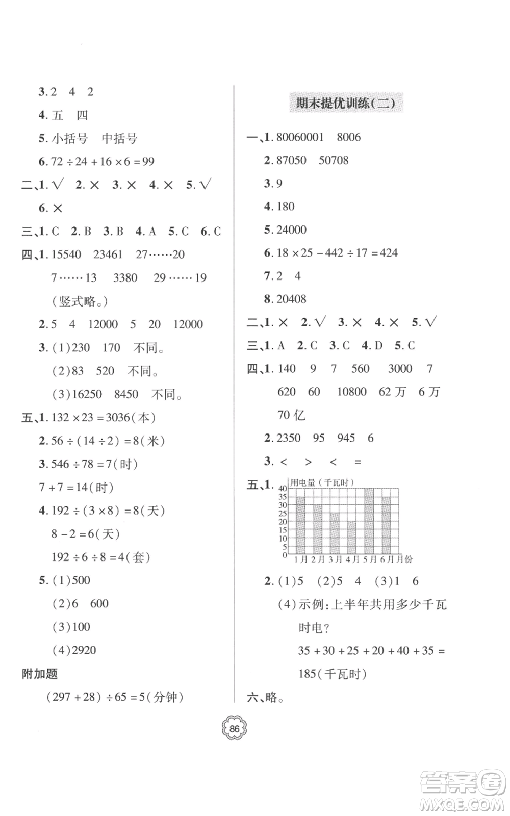 青島出版社2022新課堂同步學習與探究提優(yōu)訓練四年級上冊數學青島版參考答案