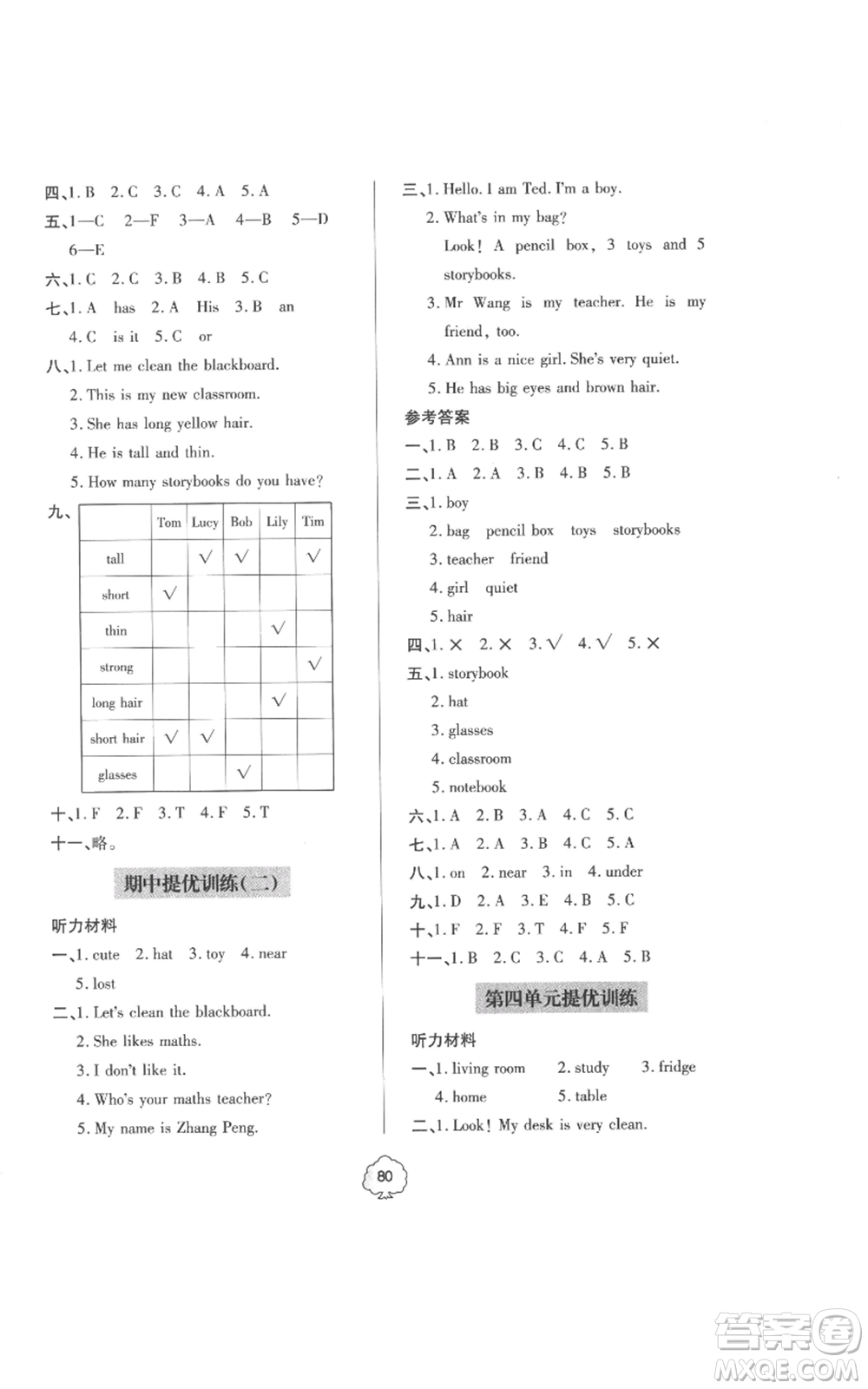 青島出版社2022新課堂同步學(xué)習(xí)與探究提優(yōu)訓(xùn)練四年級(jí)上冊(cè)英語(yǔ)人教版參考答案