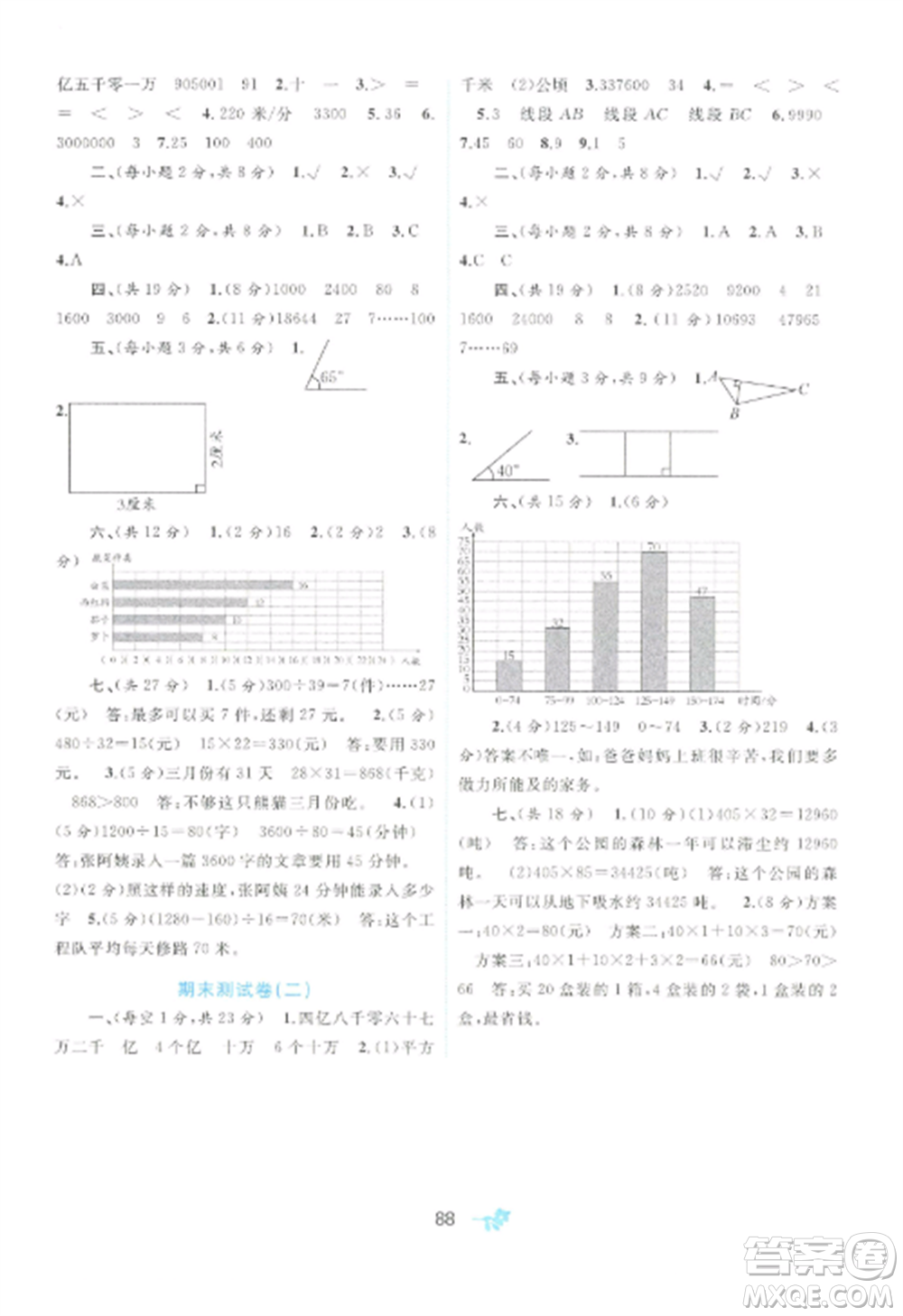 廣西師范大學(xué)出版社2022新課程學(xué)習(xí)與測(cè)評(píng)單元雙測(cè)四年級(jí)數(shù)學(xué)上冊(cè)人教版A版參考答案