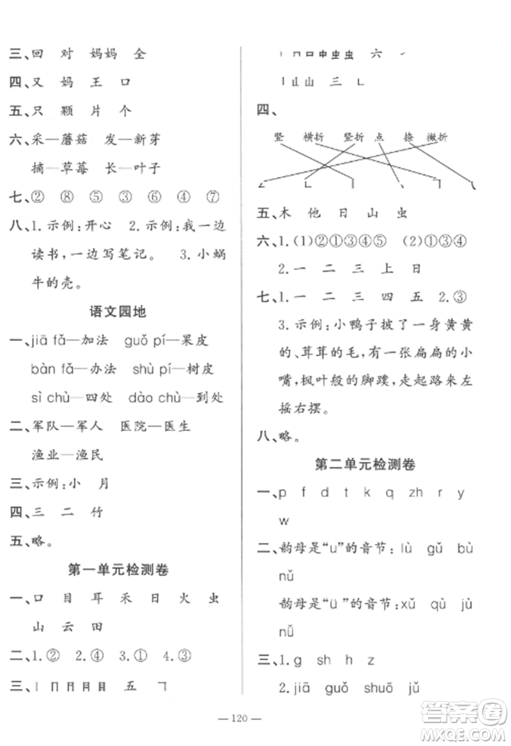 山東文藝出版社2022小學(xué)課堂同步訓(xùn)練一年級(jí)語(yǔ)文上冊(cè)人教版五四制參考答案