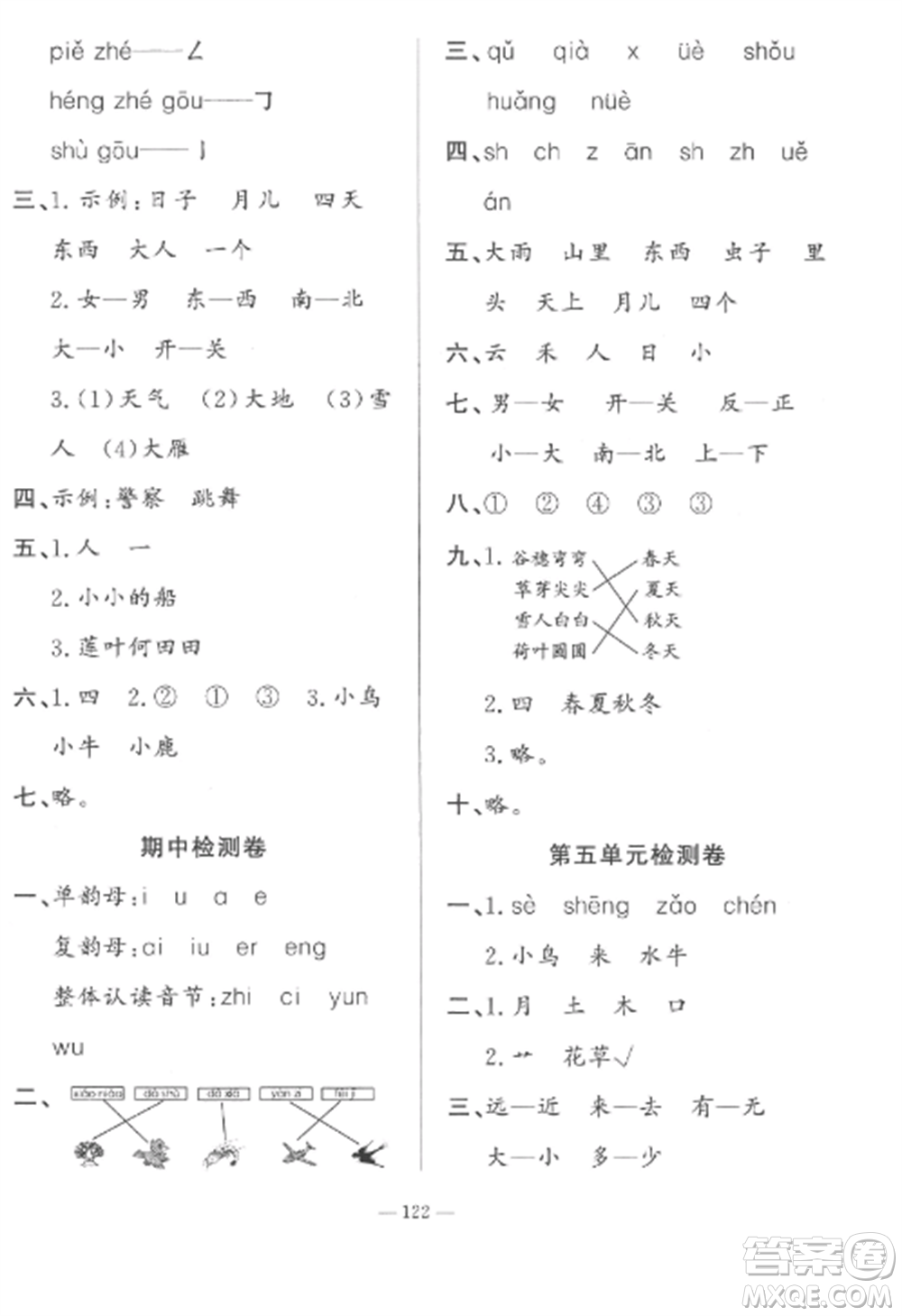 山東文藝出版社2022小學(xué)課堂同步訓(xùn)練一年級(jí)語(yǔ)文上冊(cè)人教版五四制參考答案