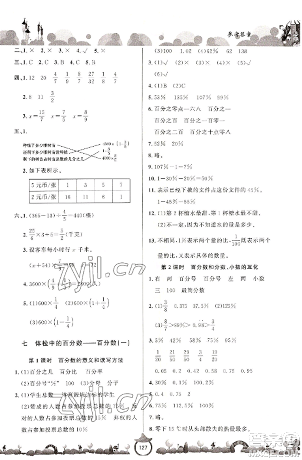 山東文藝出版社2022小學(xué)課堂同步訓(xùn)練六年級(jí)數(shù)學(xué)上冊(cè)青島版六三學(xué)制參考答案