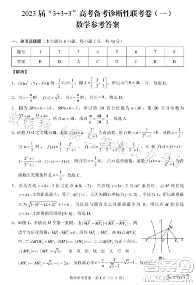 2023屆3+3+3高考備考診斷性聯(lián)考卷一數(shù)學(xué)試卷答案