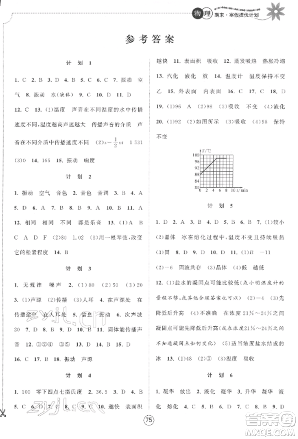 南京大學(xué)出版社2022期末寒假提優(yōu)計(jì)劃八年級物理全冊蘇科版參考答案