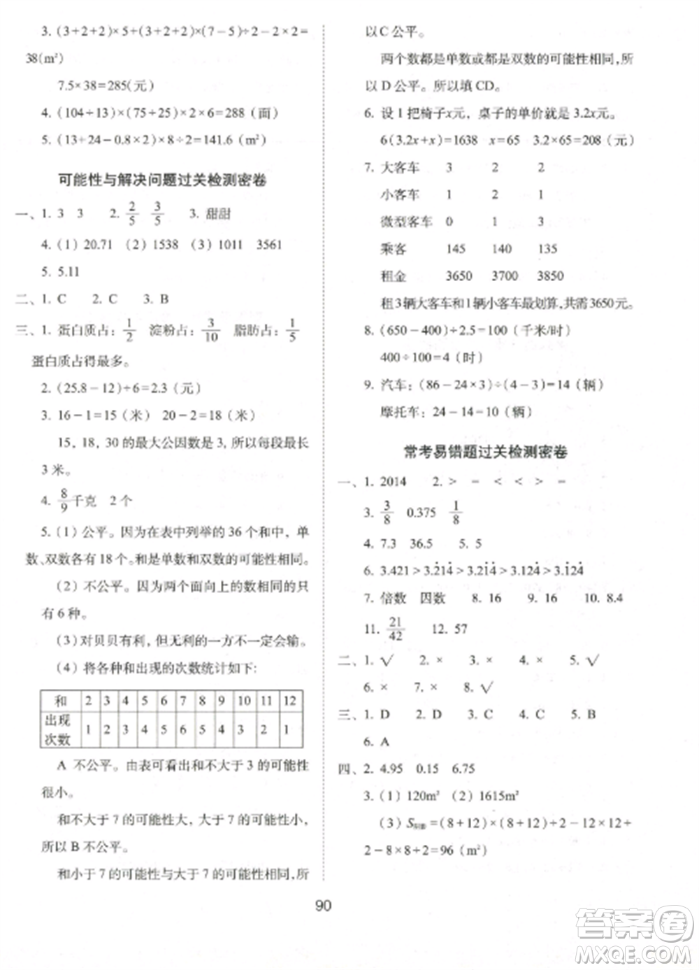 長春出版社2022期末沖刺100分完全試卷五年級數(shù)學(xué)上冊北師大版參考答案