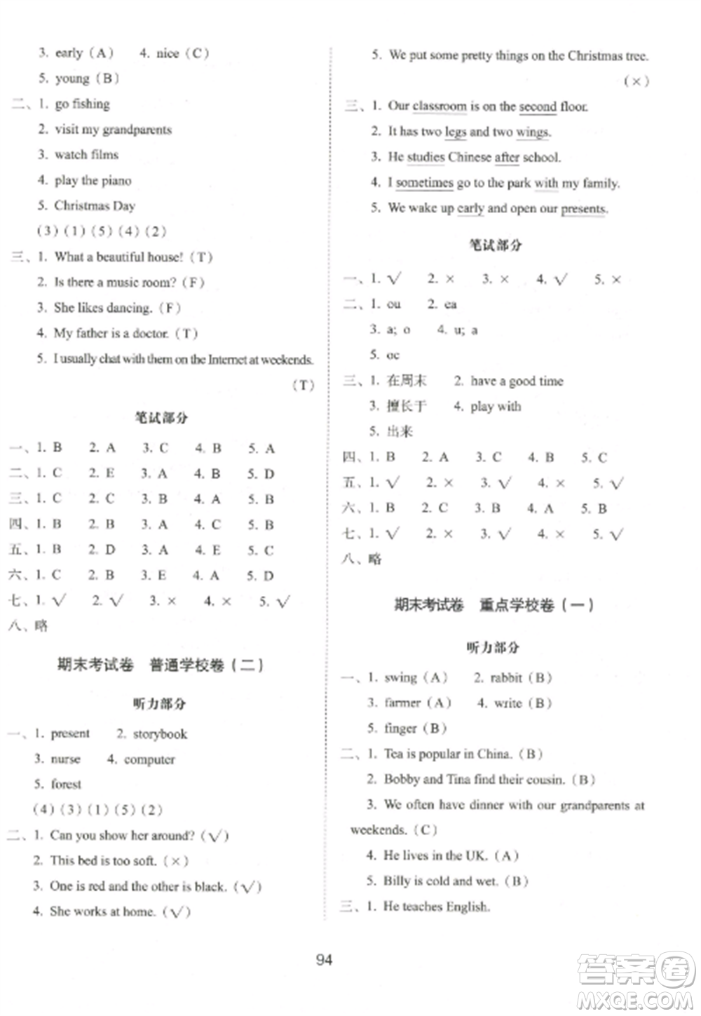 長(zhǎng)春出版社2022期末沖刺100分完全試卷五年級(jí)英語(yǔ)上冊(cè)譯林版參考答案