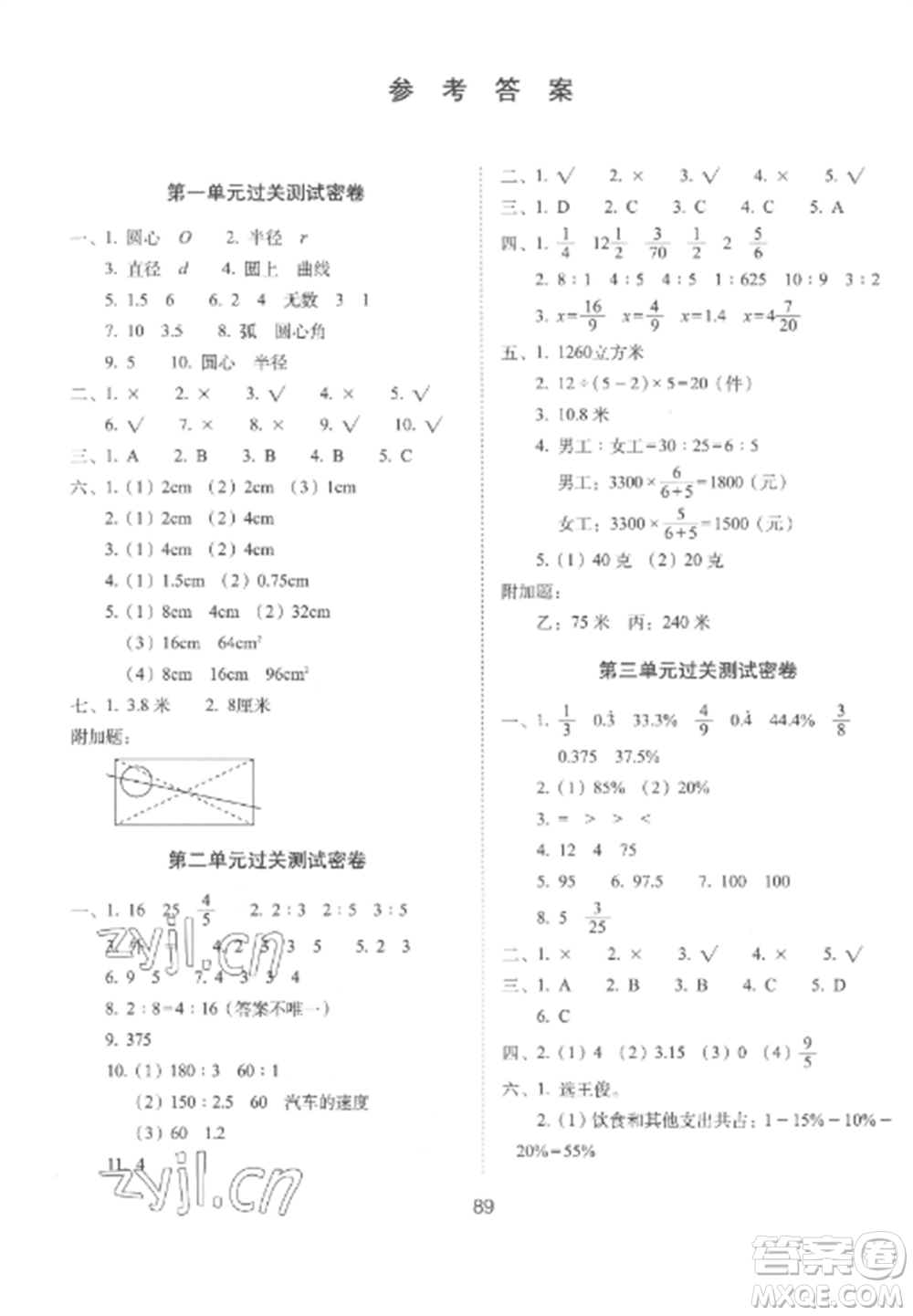 長春出版社2022期末沖刺100分完全試卷六年級數(shù)學(xué)上冊冀教版參考答案