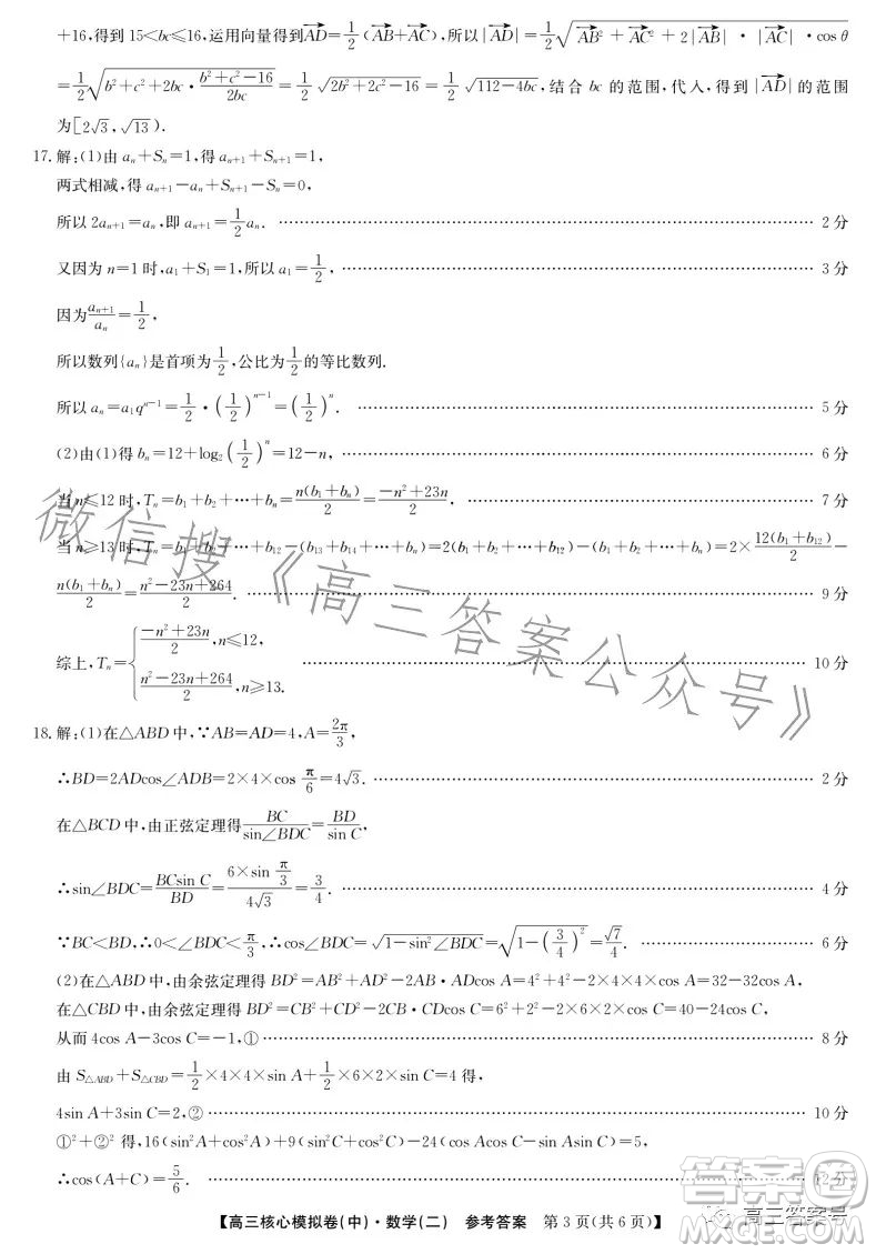 九師聯盟2023屆新高考高三核心模擬卷中二數學二試卷答案