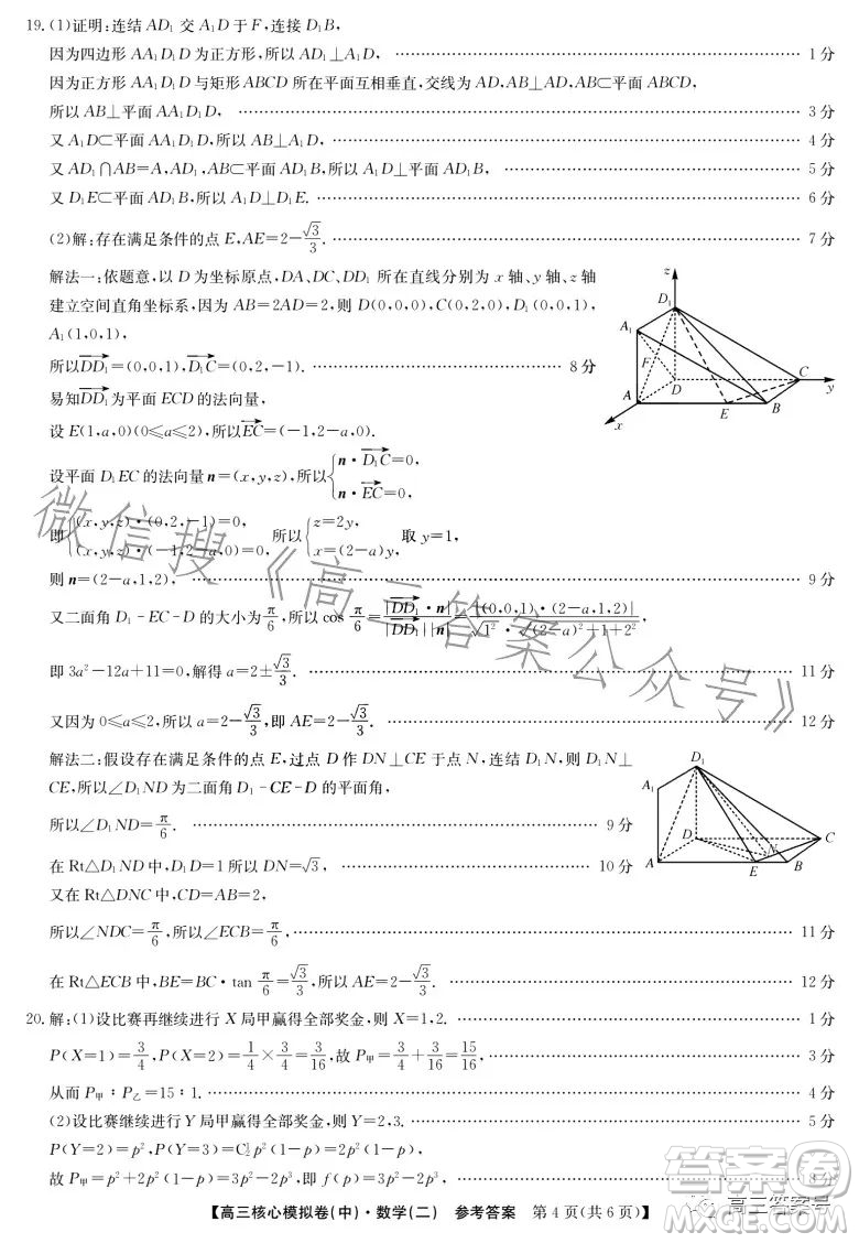 九師聯盟2023屆新高考高三核心模擬卷中二數學二試卷答案