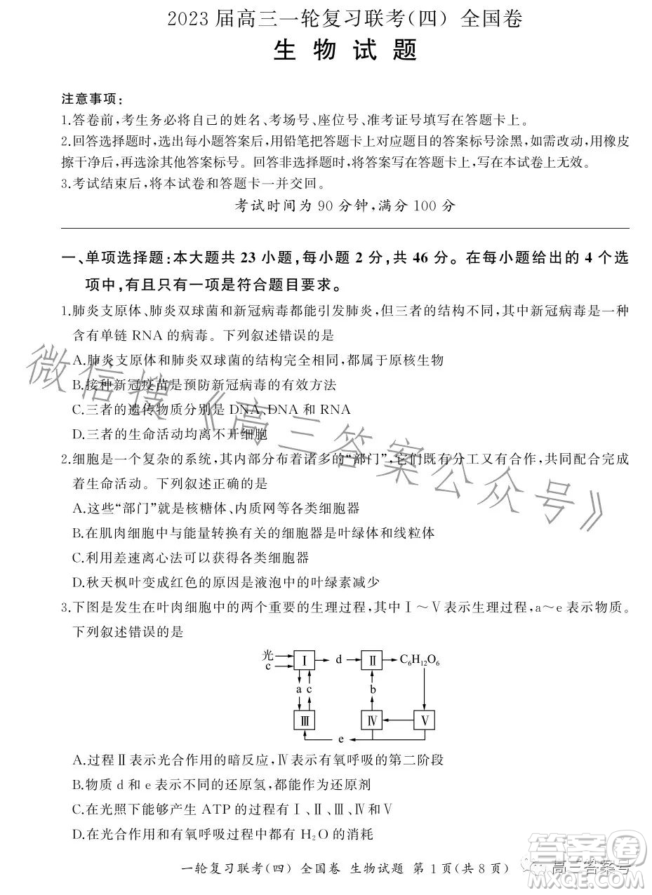 百師聯(lián)盟2022屆高三一輪復(fù)習(xí)聯(lián)考一全國卷生物試卷答案