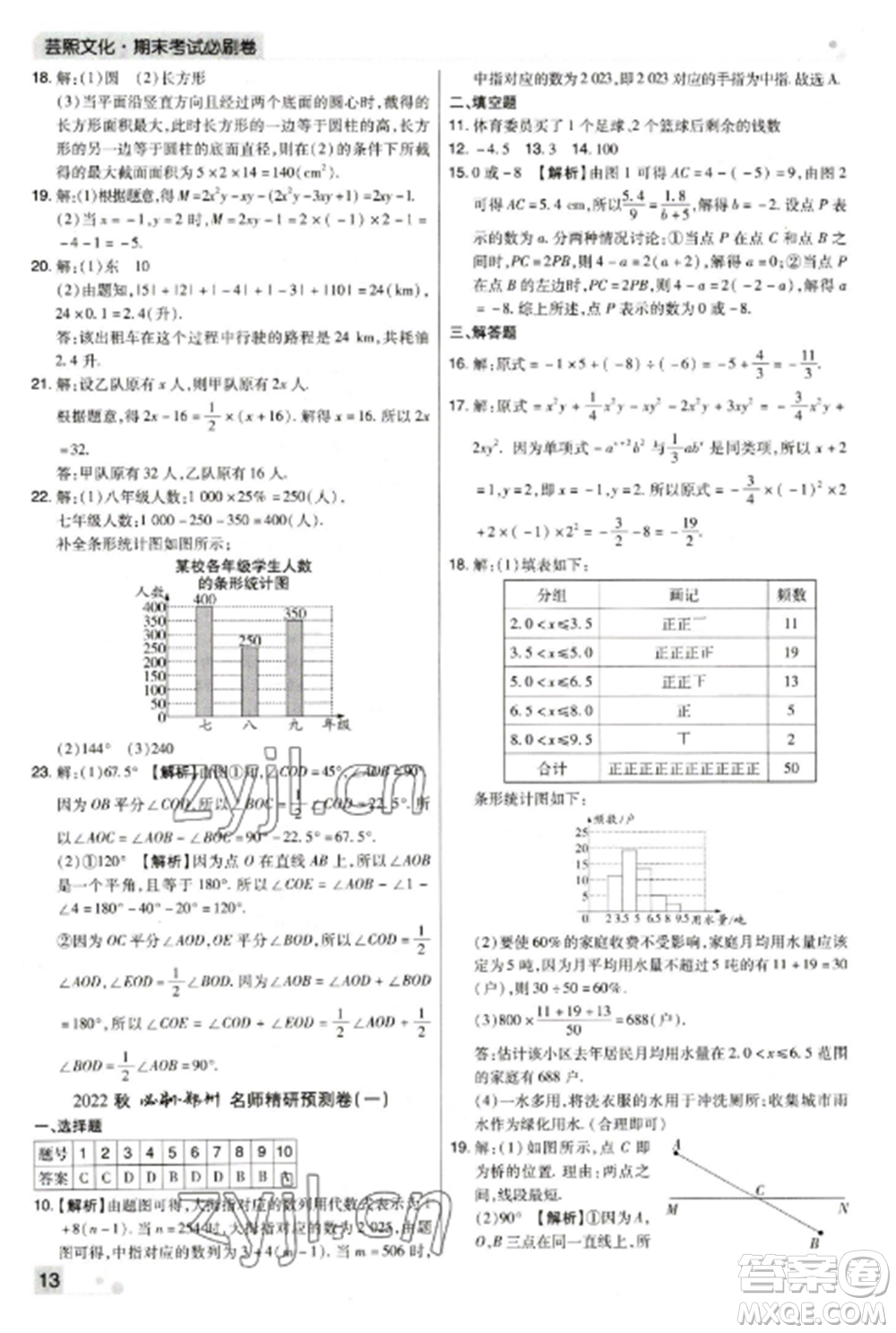 北方婦女兒童出版社2022期末考試必刷卷七年級(jí)數(shù)學(xué)上冊(cè)北師大版鄭州專(zhuān)版參考答案