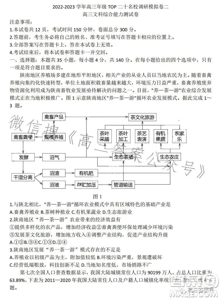 2022-2023學(xué)年高三top二十名校調(diào)研模擬卷二文科綜合試卷答案