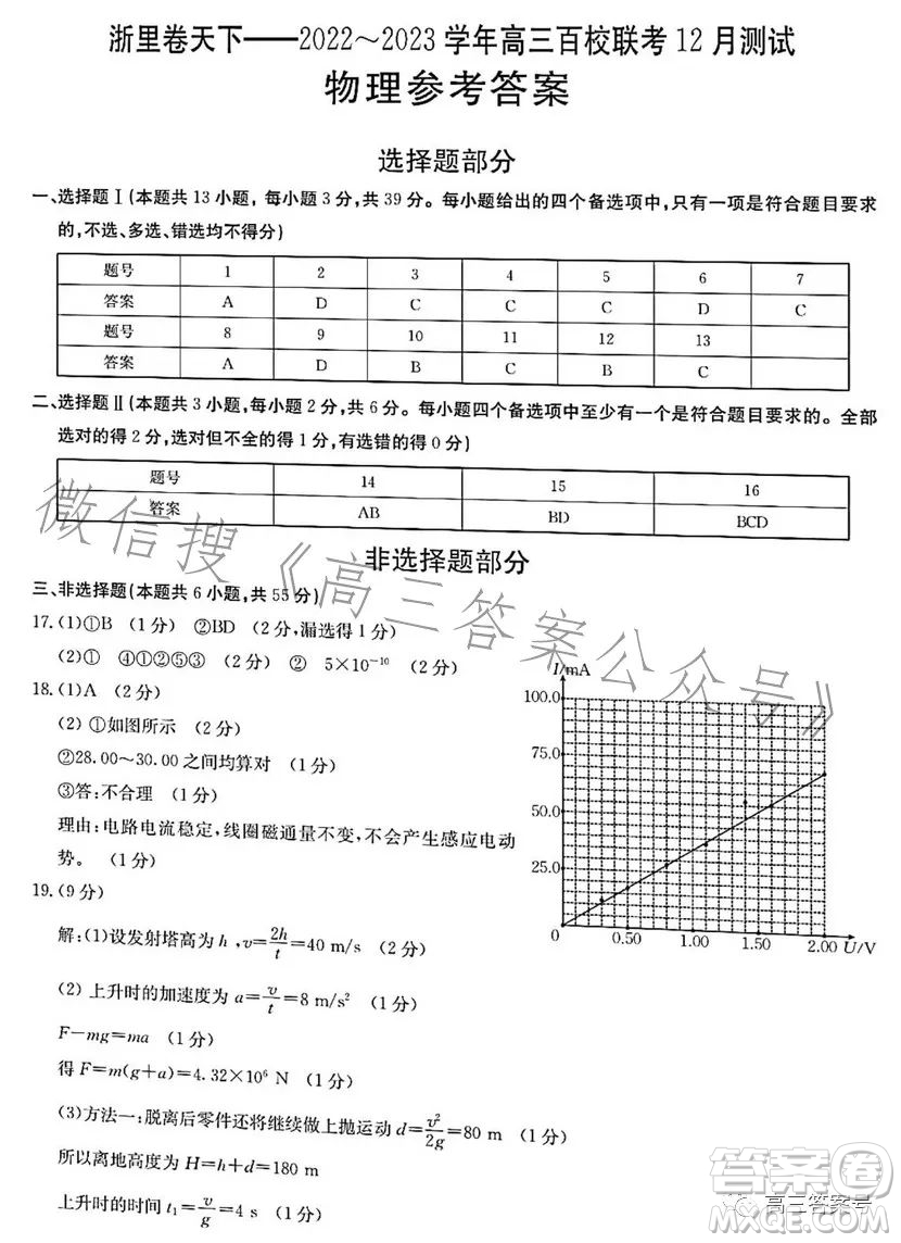 浙里卷天下2022-2023學年高三百校聯(lián)考12月測試物理試卷答案