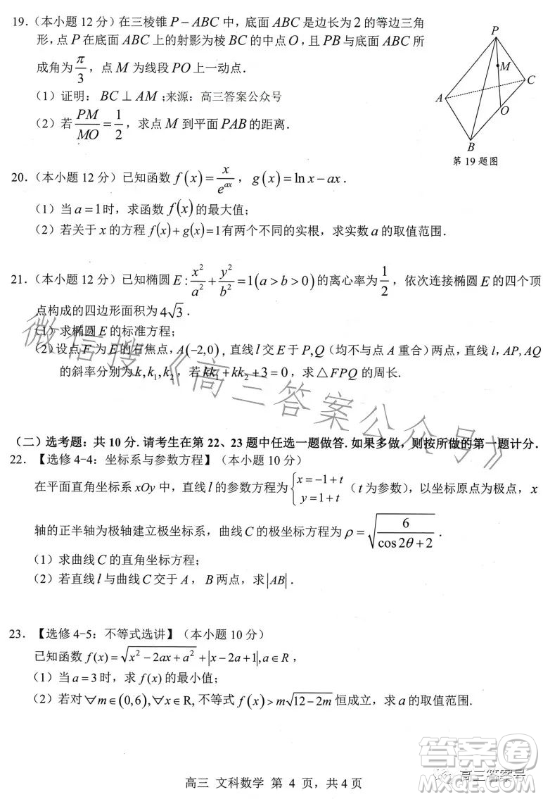 2023年高考桂林崇左市聯(lián)合調(diào)研考試文科數(shù)學(xué)試卷答案