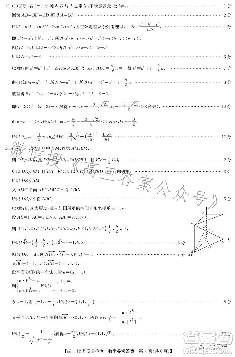 九師聯(lián)盟2023屆高三12月質(zhì)量檢測(cè)數(shù)學(xué)試卷答案